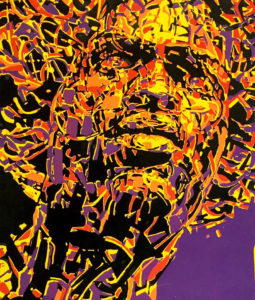 Red, yellow, and black splatter paint type portrait of the head of a black man on purple background