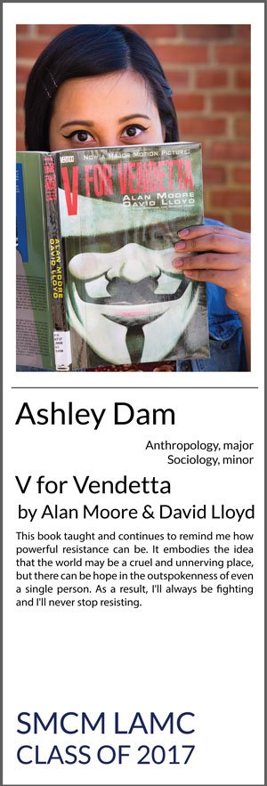 Ashley Dam Anthropology (Major) Sociology (Minor) V for Vendetta This book taught and continues to remind me how powerful resistance can be. It embodies the idea that the world may be a cruel and unnerving place, but there can be hope in the outspokenness of even a single person. As a result, I'll always be fighting and I'll never stop resisting.