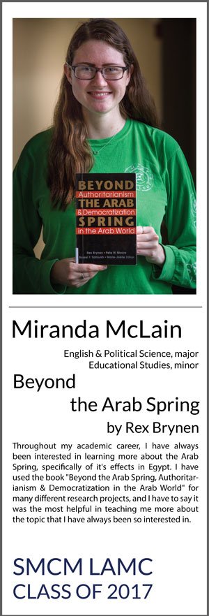 Miranda McLain Political Science & English major, Educational Studies minor Beyond the Arab Spring, Authoritarianiam & Democratization in the Arab World Throughout my academic career, I have always been interested in learning more about the Arab Spring, specifically of it's effects in Egypt. I have used the book "Beyond the Arab Spring, Authoritarianism & Democratization in the Arab World" for many different research projects, and I have to say it was the most helpful in teaching me more about the topic that I have always been so interested in.