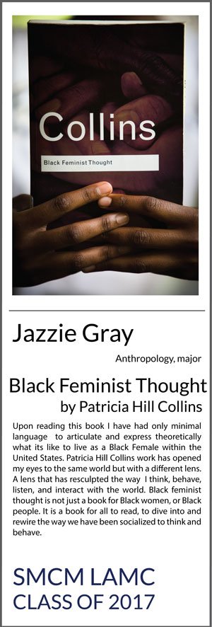 Jazzie Gray Anthropology Black Feminist Thought by Patricia Hill Collins Upon reading this book I have had only minimal language to articulate and express theoretically what its like to live as a Black Female within the United States. Patricia Hill Collins work has opened my eyes to the same world but with a different lens. A lens that has resculpted the way I think, behave, listen, and interact with the world. Black feminist thought is not just a book for Black women, or Black people. It is a book for all to read, to dive into and rewire the way we have been socialized to think and behave.