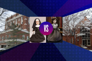 4 images are displayed side by side: the exterior of Roesch Library, a doll dressed as a nun, a doll dressed in a colonial era gray dress, and the exterior of the Library at St. Mary's College of Maryland