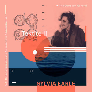 poster of Sylvia Earle includes a black and white image of the scientist and picture of the ocean on a salmon pink background with blue blocks of color