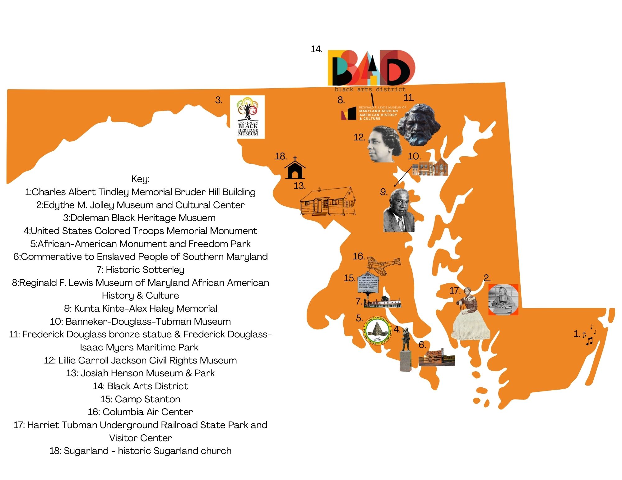 map of the state of Maryland with icons of specific places and a list to the site matching the number to the icon of the location.