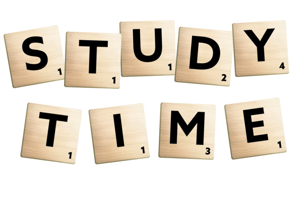 Scrabble-style letter tiles arranged to spell ‘STUDY TIME’ in bold black letters on light wood backgrounds. Each tile includes a small point value number, mimicking a classic word game aesthetic. The letters are slightly tilted for a playful and casual look.