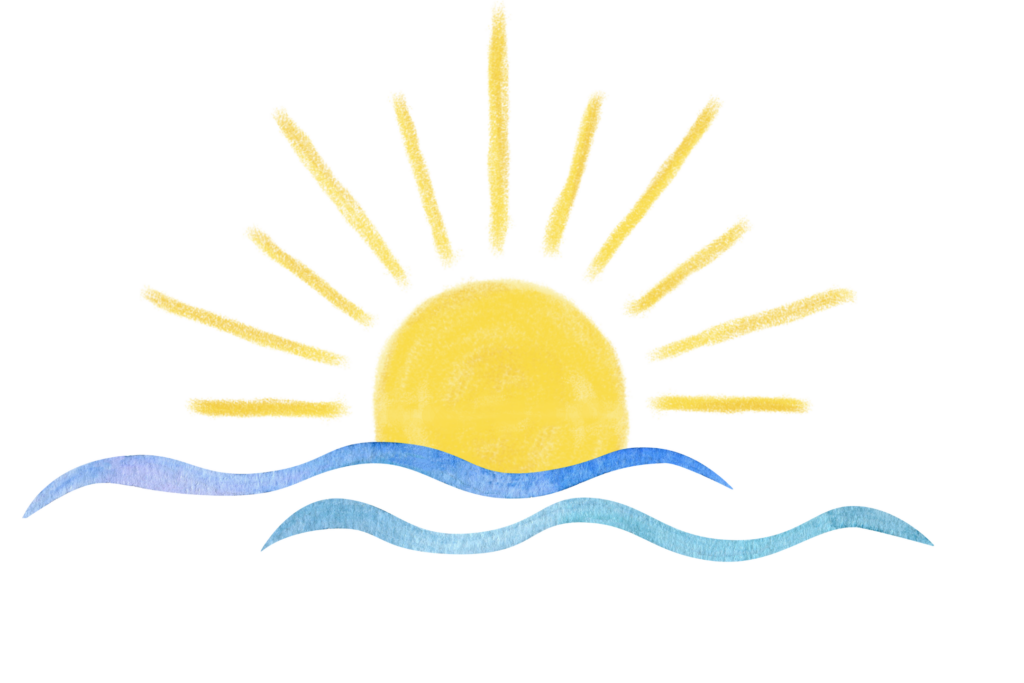 Watercolor-style illustration of a yellow sun setting over blue waves, with sun rays radiating upward in a semicircle. The design has a bright and cheerful, summery feel.