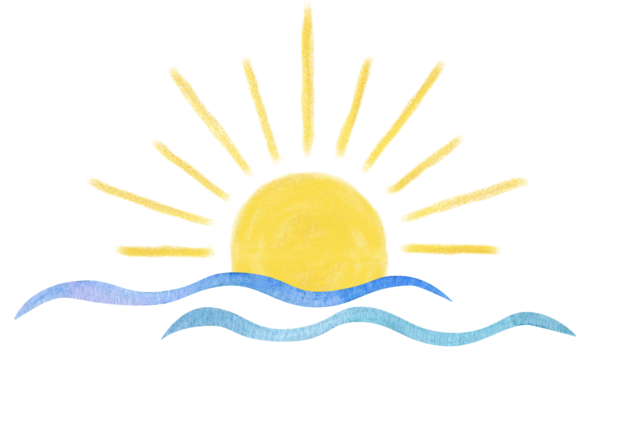 Watercolor-style illustration of a yellow sun setting over blue waves, with sun rays radiating upward in a semicircle. The design has a bright and cheerful, summery feel.