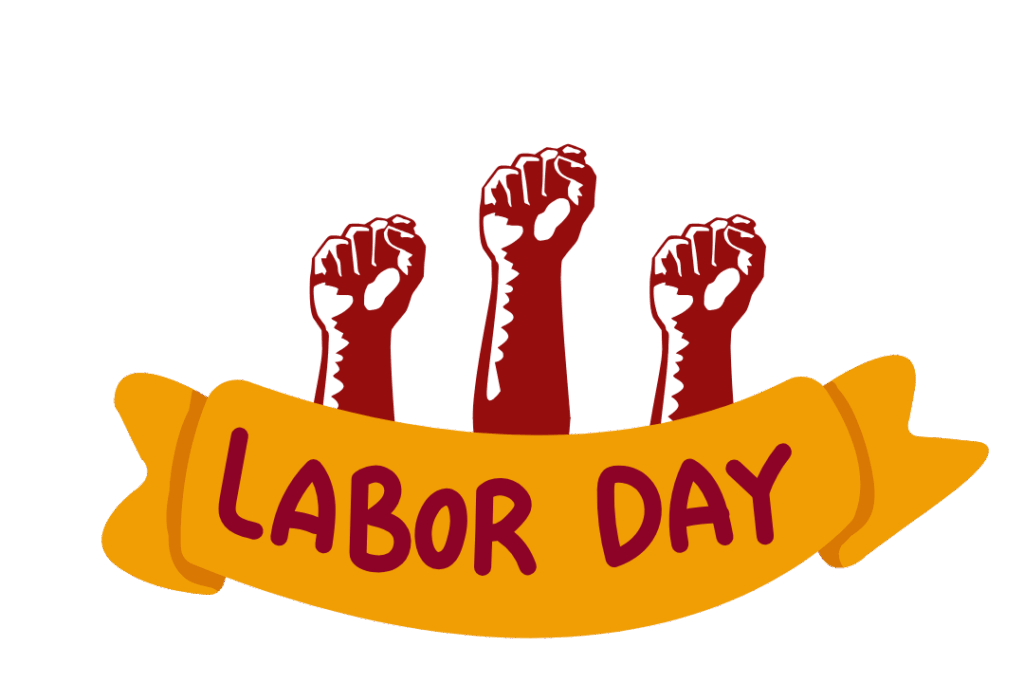 Illustration of three raised fists in dark red above a yellow ribbon banner with the words ‘Labor Day’ in bold red letters.