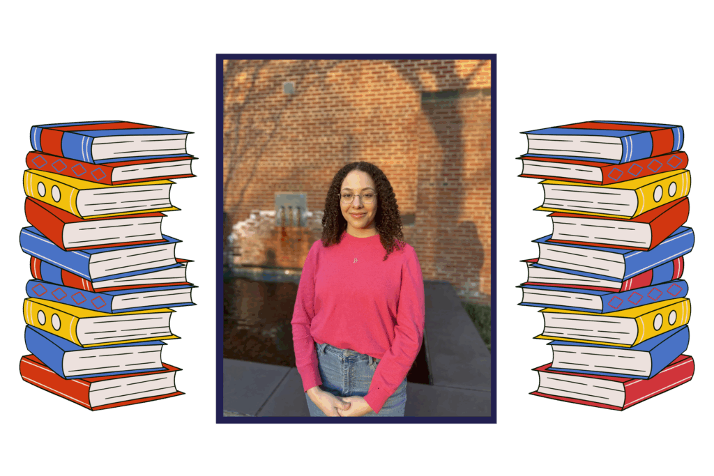 Headshot of Elisia Lewis standing and smiling, framed by decorative animated books.