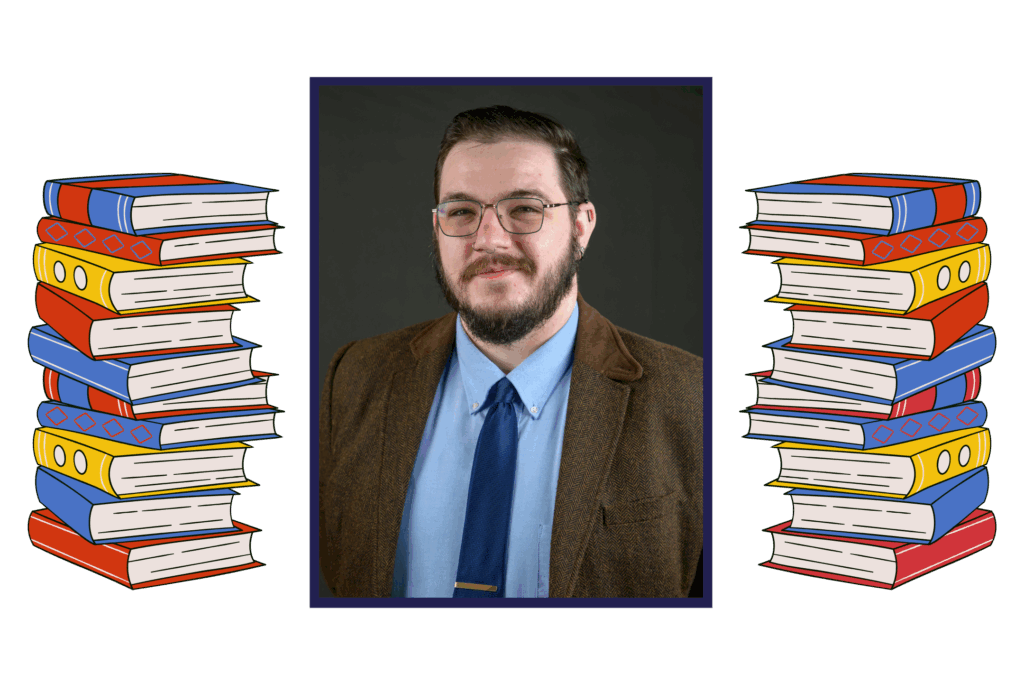 Headshot of Shane Moran smiling, framed by decorative animated books.
