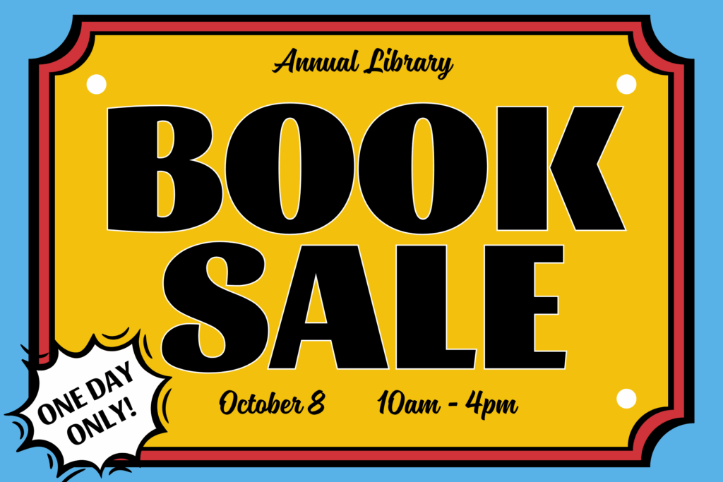 Graphic with bold red, blue, and yellow design featuring the words “Book Sale.”