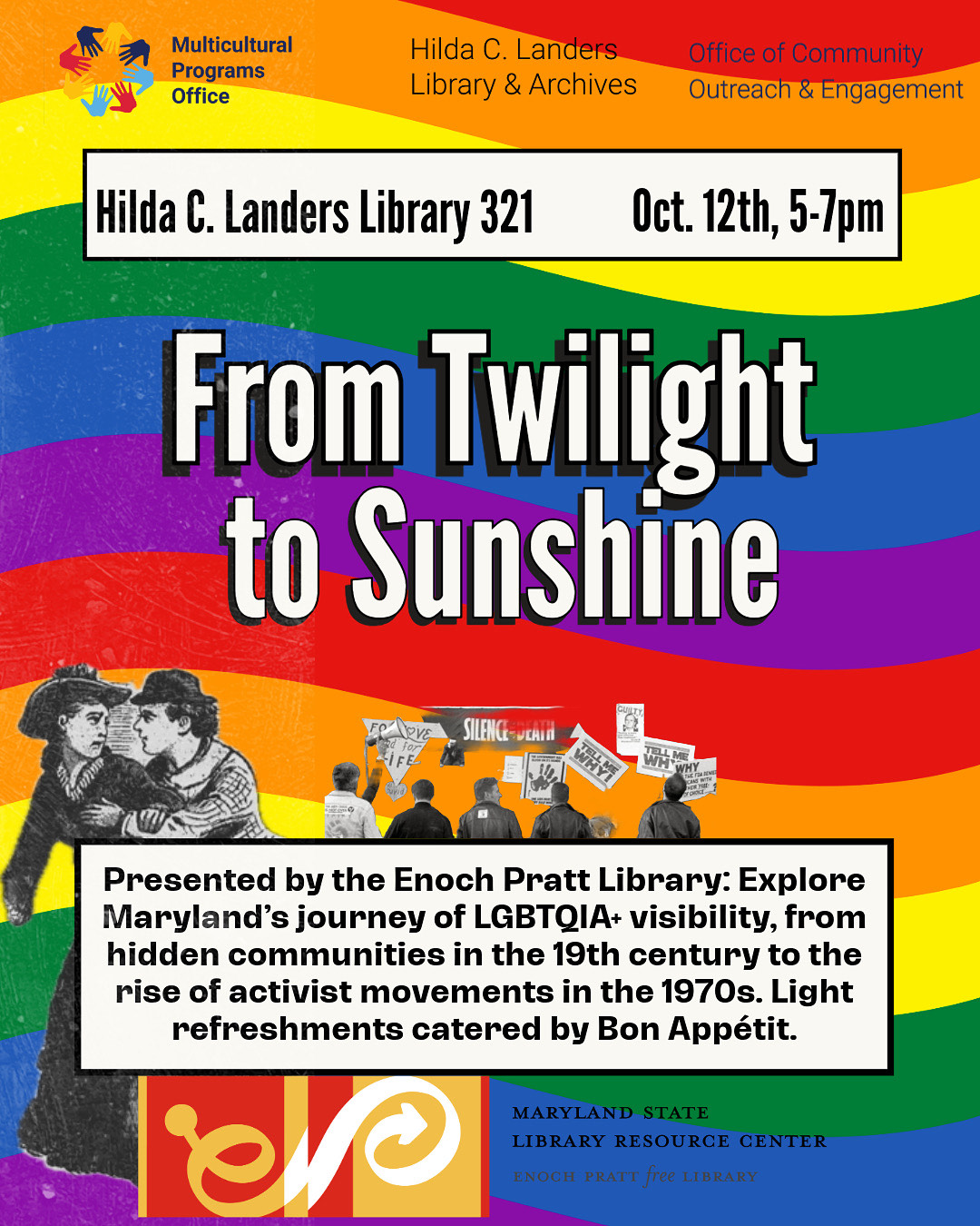A rainbow background flyer featuring the location, date, and time of the event.