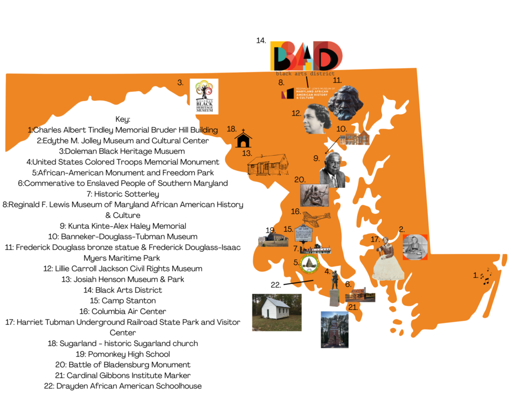 Map of Maryland with different icons that pinpoint the locations of spaces and monuments that are dedicated to preserving and highlighting black history in Maryland. A list of 22 points in the key to the left.
