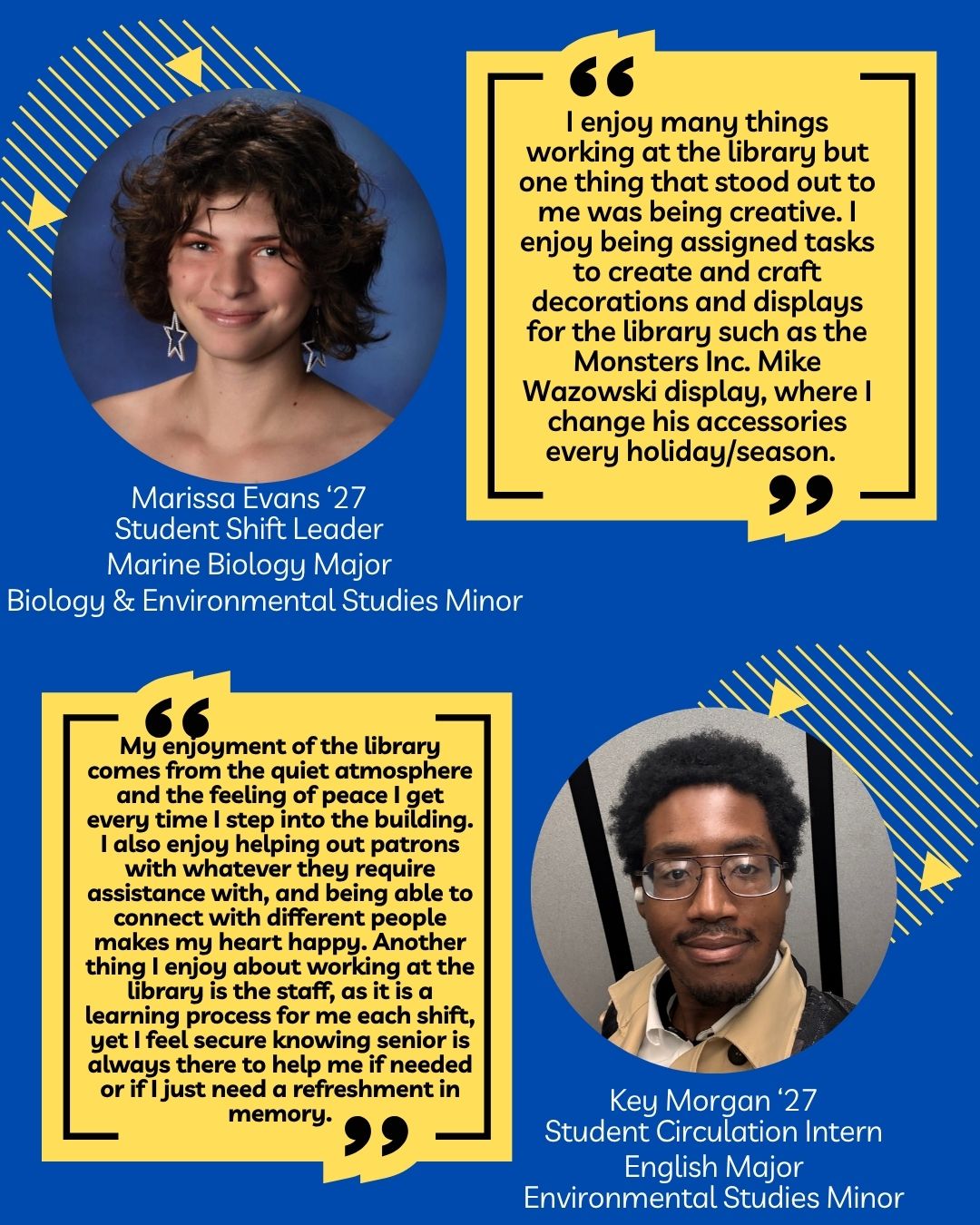 Staff spotlight graphic featuring student workers Marissa Evans and Key Morgan